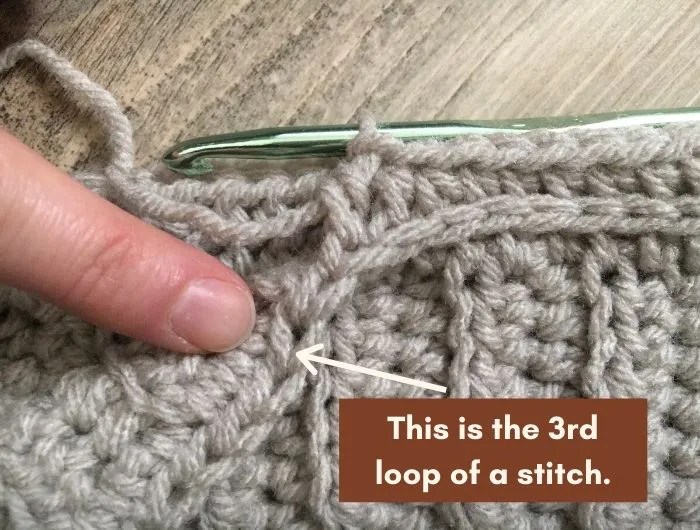 A finger pointing to the third loop of a crochet stitch for the half double crochet in the 3rd loop.